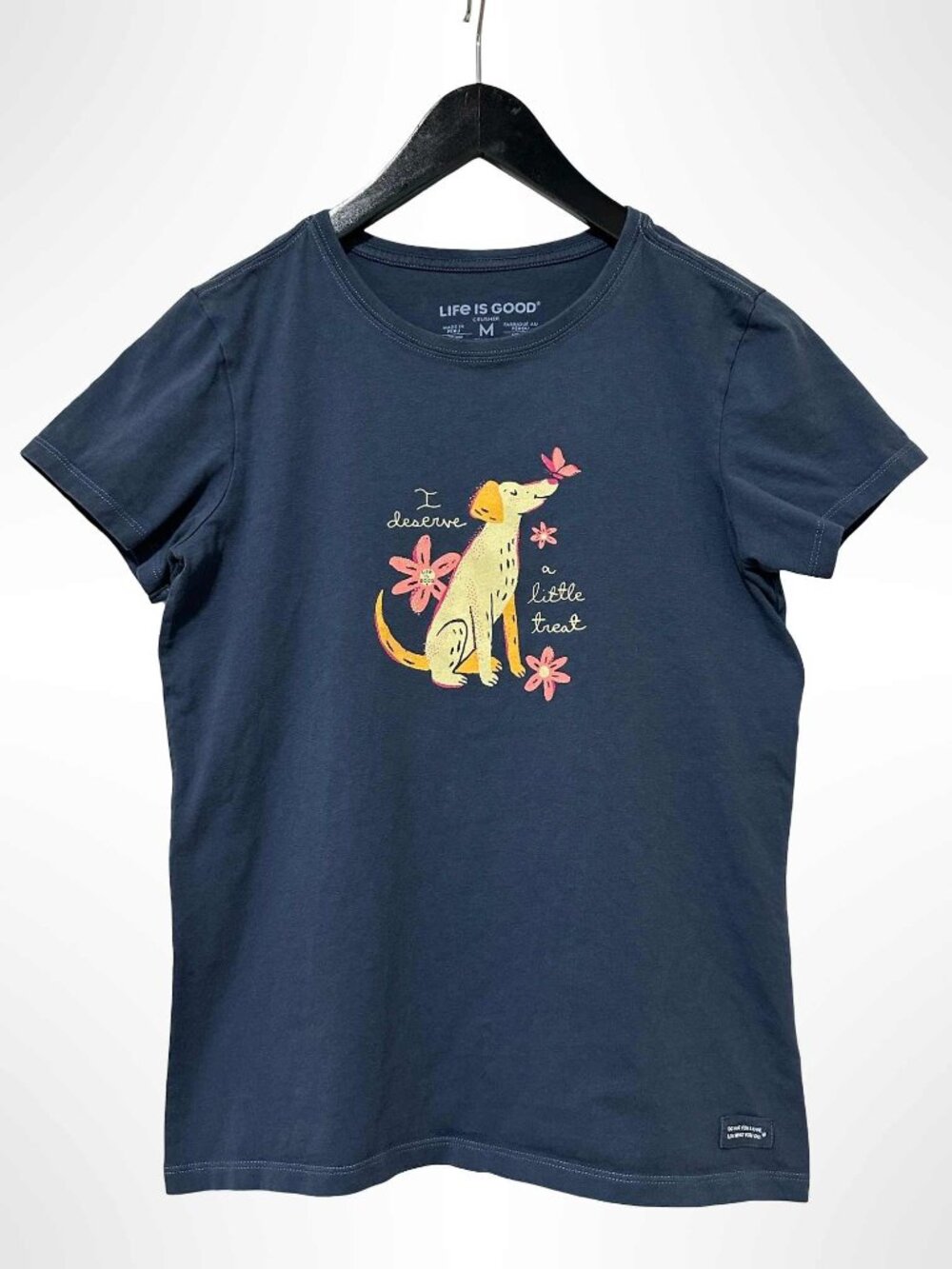 LIFE IS GOOD Crusher Tee Dog I Deserve A Little Treat Short Sleeve Blue Size M